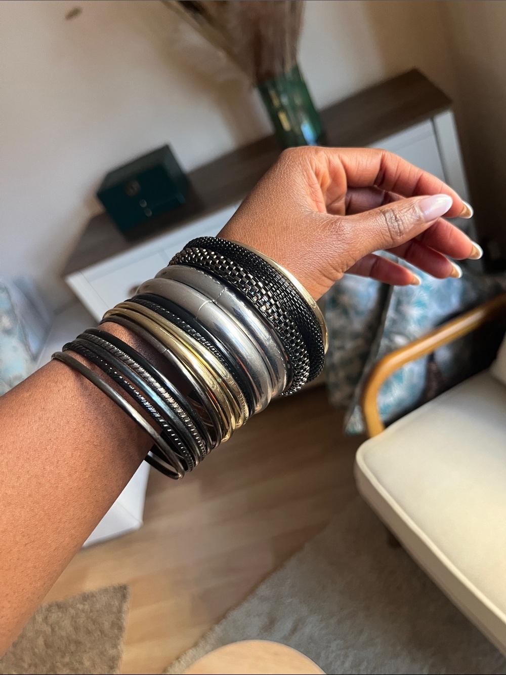 Stacked Black and Gold Women's Bangle Bracelet Set (15 bracelets)